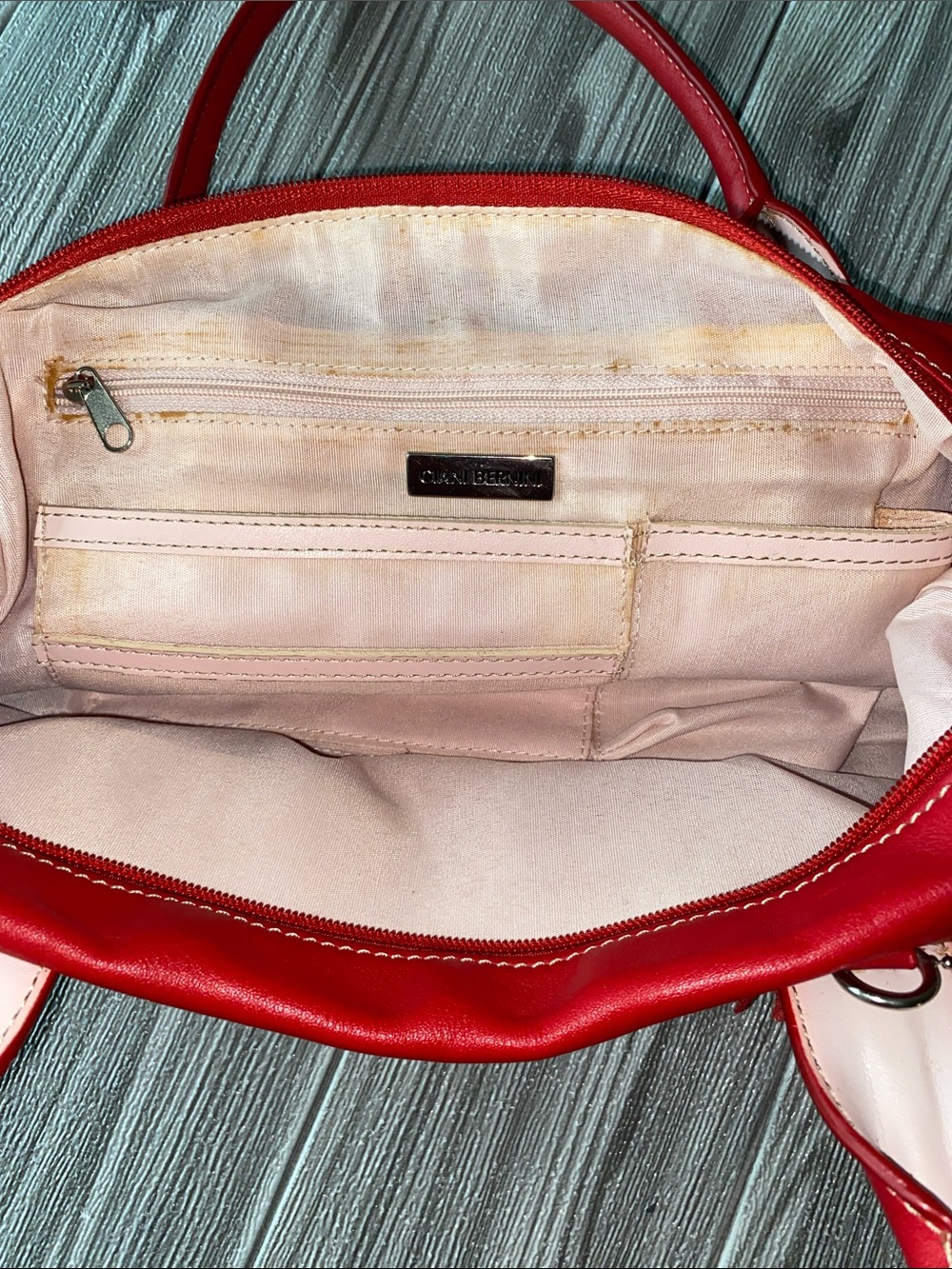 Giani Bernini Red Leather Satchel with Light Pink Initial Accent - Picture 5 of 8